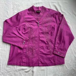 Bob Mackey Wearable Art Jacket Blazer 3X Zip Magenta Embroidered Studs Paisley